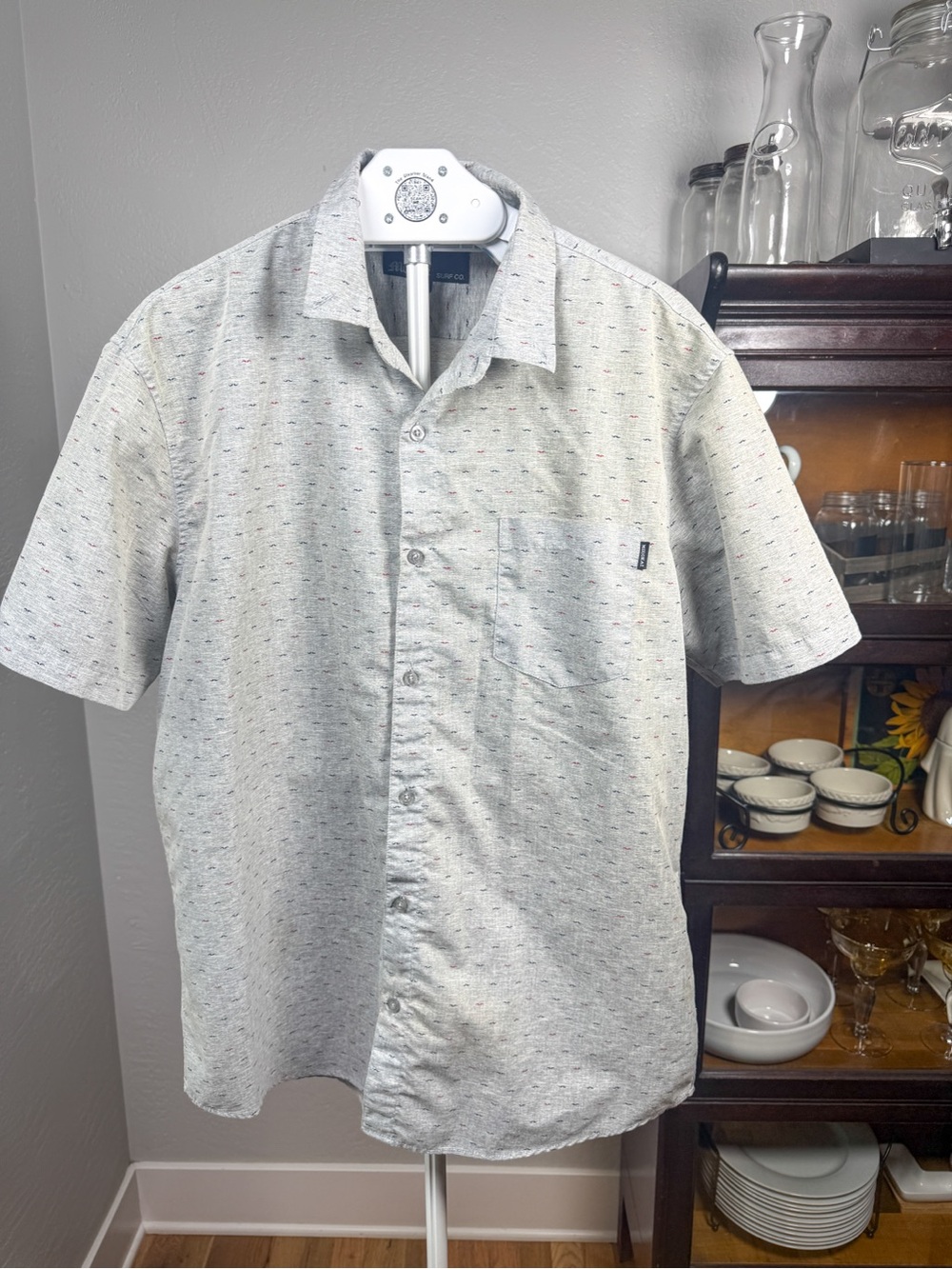 Molokai Surf Co Gray Mustache Print Short Sleeve Button Up Shirt Size XL